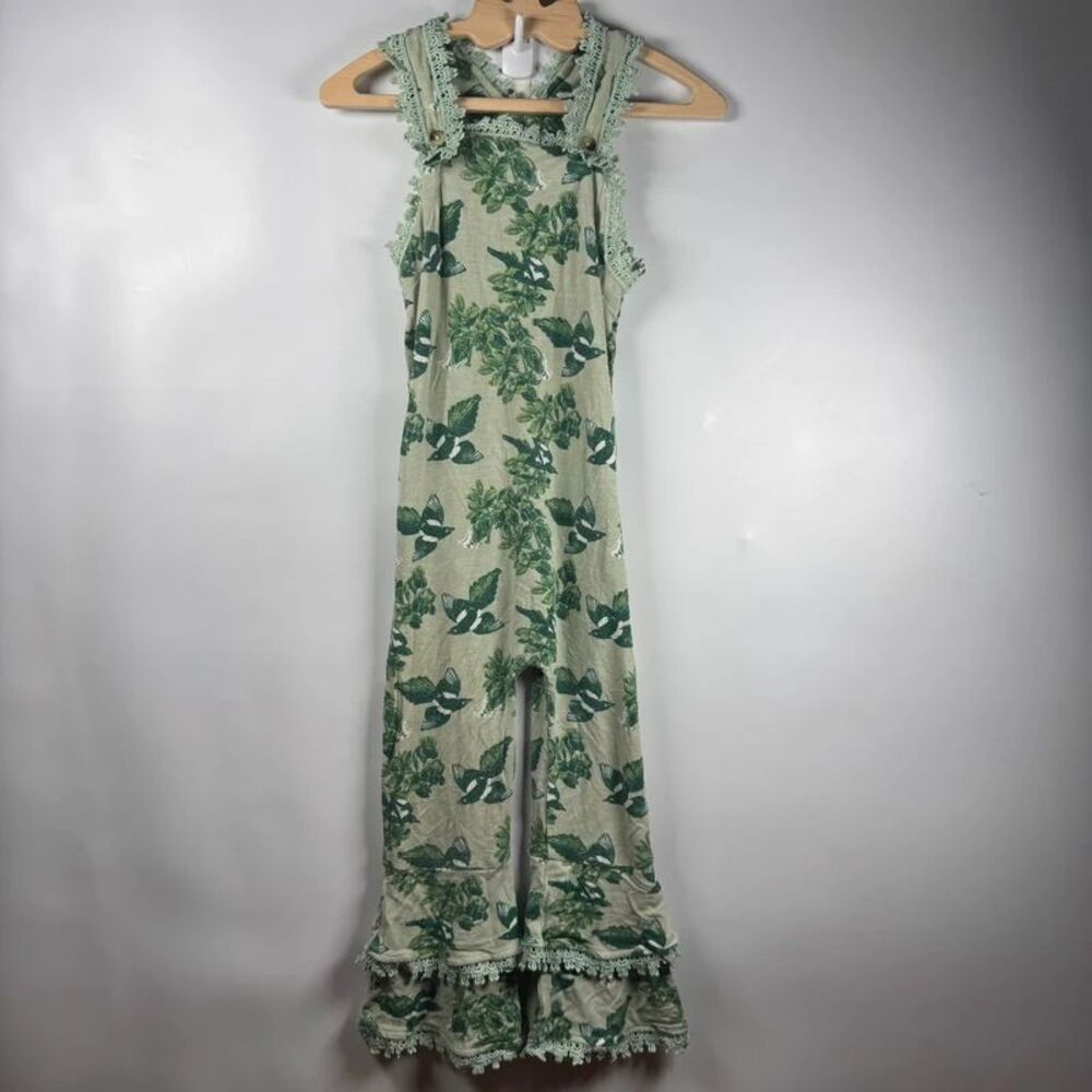 Kate Quinn Green Lace Trim Flare Jumpsuit Girls 2T Floral Bird Print Boho Bamboo